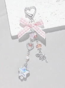 ROMWE Kawaii 1pc Sweet And Lovely Schoolgirl-Style Pink Plaid Woven Ribbon Bow Crystal Star Heart Pearl  Pendant Keychain Bag Charm, Suitable For Women And Students' Daily Decoration And Festival Gifts