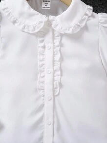 SHEIN 年輕女孩1件白色荷葉邊泡泡袖襯衫，返校季、大學風格、日常穿著 - 白色 - 查看 6