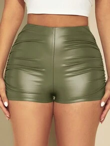 SHEIN SXY Shorts de PU con cintura alta y pliegues - Verde militar - Ver 4