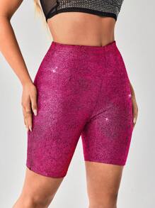 SHEIN SXY Fall Clothes Lift Buttocks High Waist Glitter Biker Shorts - Hot Pink - View 5