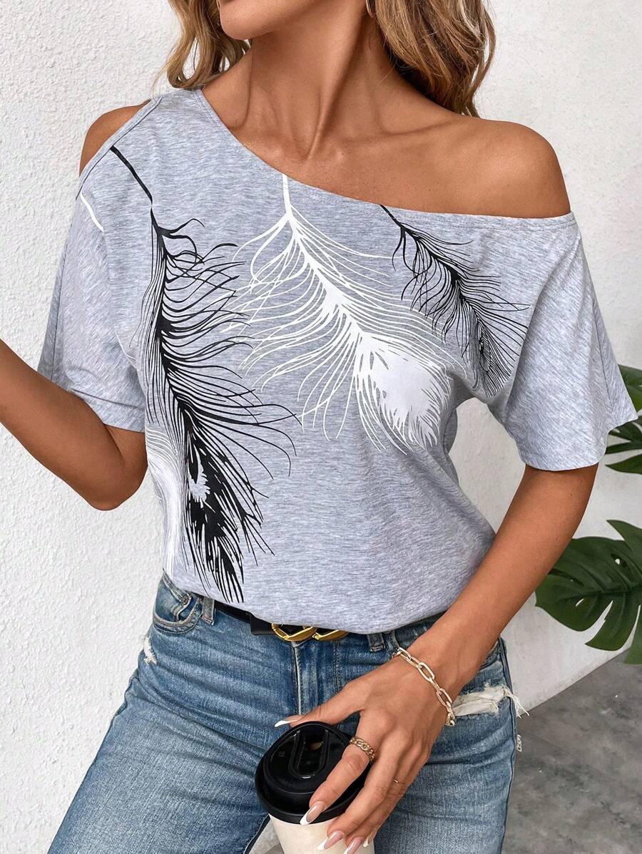 SHEIN Clasi Plus Size Women's Summer Asymmetrical Collar Feather Printed Short Sleeve Casual T-Shirt - Grey - View 1