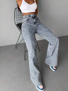 RueChic Snow Washed Raw Hem Wide Leg Jeans - Light Wash - View 4