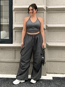 SHEIN EZwear Plus Solid Crop Halter Top & Flap Pocket Side Cargo Pants - Dark Grey - View 6