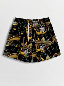 Manfinity RSRT 男士骷髅和字母印花抽绳腰休闲短裤趣味短裤 - 黑色 - 查看 3