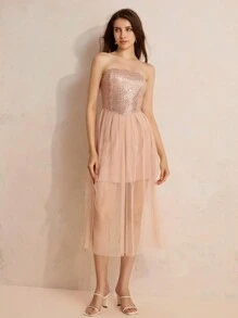Chiquease Váy quây sequin màu trơn gợi cảm - Màu Hồng baby - Xem 4