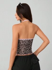SHEIN PETITE Leopard Print Knitted Women's Pink Bow Halter Top - Khaki - View 2