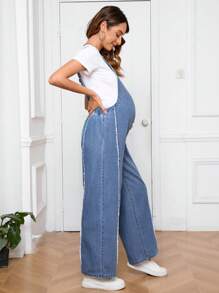 SHEIN Maternity Casual Fringed Denim Overalls, Spring/Summer Jumpsuit