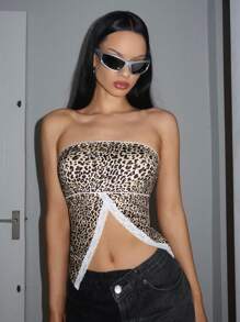 SHEIN Unity Top de bustier para mujeres con estampado de leopardo Y2K y ribete de encaje empalmado
