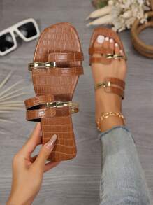 Sandálias Planas Casuais Femininas, Sapatos Confortáveis Slip-On, Primavera/Verão - Castanho - Visão 1