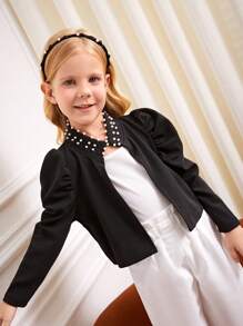 SHEIN Young Girls Elegant Stand Collar Jacket With Beaded Decoration And Leg-Of-Mutton Sleeve, Spring & Autumn - Black - View 6