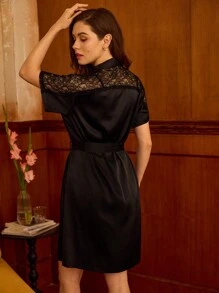 Contrast Lace Belted Satin Robe - Black - View 3