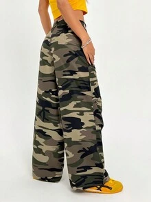 SHEIN EZwear Quần ống đứng in chữ ngụy trang phong cách bạn trai thường ngày dạo phố, thời trang thời trang, quần áo trở lại trường - xanh quân đội - Xem 2