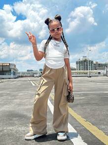 SHEIN Girlism 2pcs Tween Girls' Ribbed Ruched Short Sleeve T-Shirt And Casual Pocket Pants Set, Back To School Outfit - Khaki - View 5