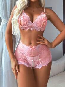 2pcs Women's Lace Sexy Lingerie Set (Wireless/Bralette & Open Crotch Four Corner Panties), Going Out - Pink - View 7