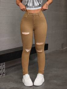 SHEIN EZwear 黑色斜口袋破洞修身牛仔褲 - 咖啡棕 - 查看 4