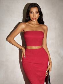 SHEIN SXY Red Textured Strapless Top & Skirt Two-Piece Set - Red - View 6