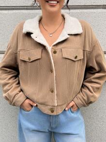 SHEIN EZwear Plus Drop Shoulder Teddy Lined Corduroy Jacket, For Winter - Khaki - View 5