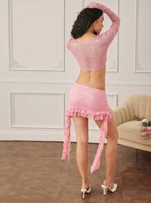 L'Amorae 蕾絲披肩荷葉邊不對稱裙 - 粉色 - 查看 7