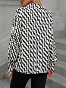 SHEIN Clasi 女式围脖领荷叶边全印花长袖休闲衬衫，春/秋 - 黑色 - 查看 2