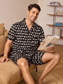 Men's Simple Printed Short Sleeve And Shorts Homewear Set - Black - View 1