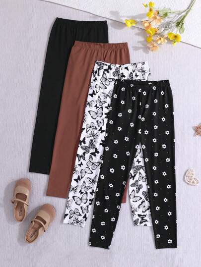 SHEIN Set de 4 piezas de leggings de unicolor y leggings de diseño de mariposa tejidos para niñas preadolescentes