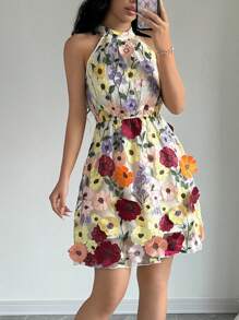 Chiquease Women's 3D Floral Summer Halter Neck Sleeveless Flower Dress - Apricot - View 3