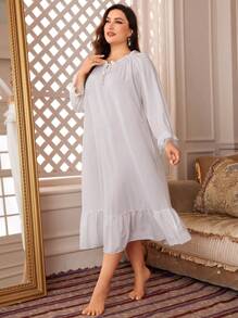 Cộng thêm Váy ngủ Pyjama Ruffle cổ có dây buộc, Áo dài - trắng - Xem 1