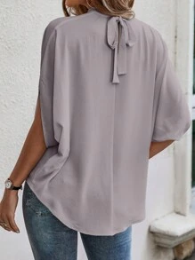 EMERY ROSE Women's Casual Solid Color Simple Daily Mid-Sleeve Blouse Top - Grey - View 2