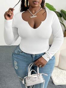 Slaydiva Plus Size Vai thông thường Cổ chữ V cơ bản Slim Fit Áo dài tay màu trắng, trang phục thường ngày và hàng ngày, Mùa hè/Mùa đông/Mùa thu, Áo cổ lọ nửa cổ-C - trắng - Xem 4