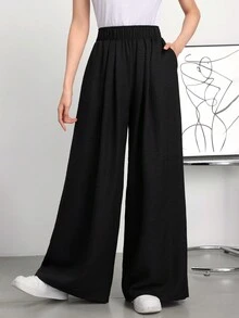 Mulvari Pantalones anchos de mujer de pierna ancha, pantalones palazzo casuales y cómodos de pierna ancha para el trabajo/escuela/uso diario casual - Negro - Ver 5