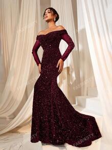 Faeriesty Vestido de noche elegante de sirena con hombros descubiertos, mangas transparentes y adornos de lentejuelas de FAERIESTY - Ideal para galas de noche, atuendos de invitados a bodas, eventos de alfombra roja y fiestas de lujo