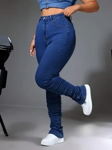 SHEIN ICON 高腰褶皱叠层紧身牛仔裤