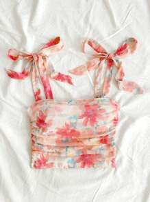 Soleia Floral Print Tie Shoulder Ruched Cami Top