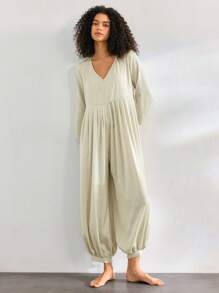Ocili 緞面光澤雪紡V領女式睡衣連身褲 - 綠色 - 查看 3