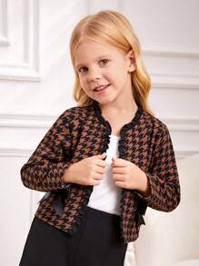 SHEIN 年轻女孩休闲百搭秋冬短款千鸟格夹克，搭配黑色蝴蝶结和装饰边饰，前开式设计，轻盈奢华别致，适合秋冬季室内穿着