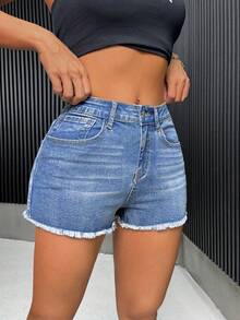 SHEIN EZwear 女款牛仔短褲休閒修身彈性破洞褶邊藍色 - 藍色 - 查看 4