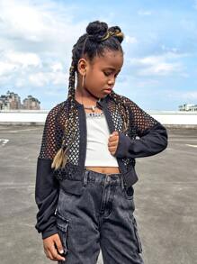 SHEIN Tween Girls' Knit Hollow Out Mesh Long Sleeve Cardigan Jacket, Sports & Casual