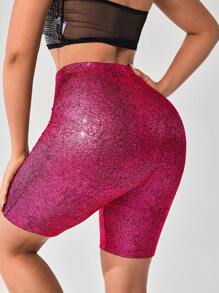 SHEIN SXY Fall Clothes Lift Buttocks High Waist Glitter Biker Shorts - Hot Pink - View 2