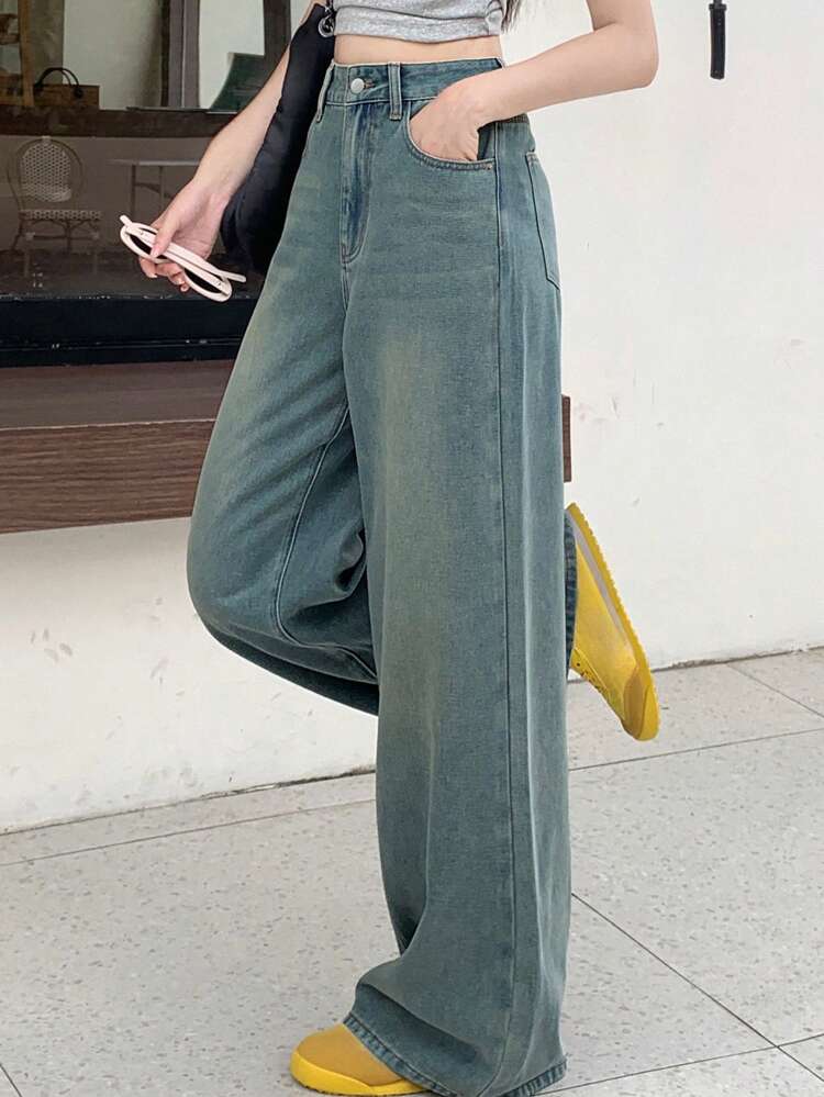 Women's Casual Wide Leg Jeans, Washed