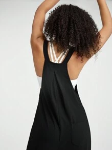 GLOWMODE 23" Waffle-Knit Soft Adjustable Straps Multi Pockets V-Shaped Waistline Cozy Jogger Overalls Daily Casual - Black - View 8