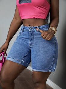 Slaydiva Roll Up Hem Casual Denim Shorts For Summer - Light Wash - View 7
