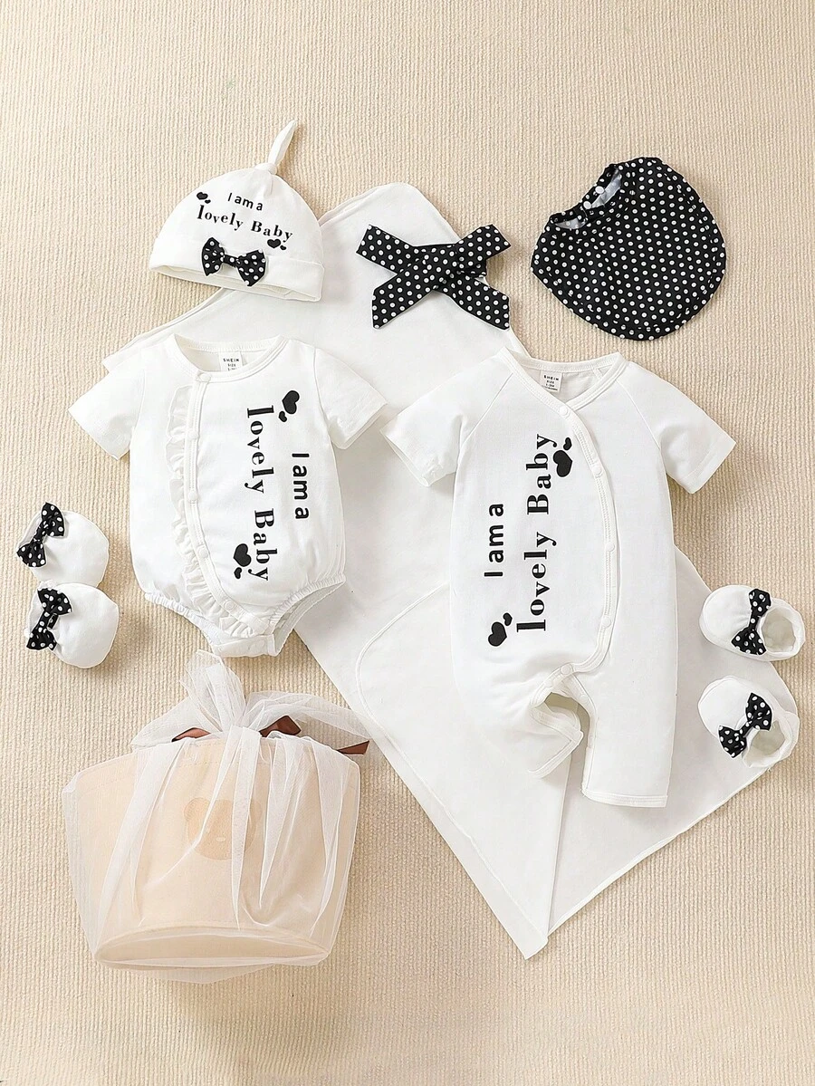 SHEIN Bộ Layette trắng tay ngắn in chữ thường ngày cho bé gái sơ sinh Xuân Hạ Thu - Đen và trắng - Xem 1