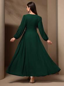 Vestido largo de manga larga simple para mujer, ideal para uso diario - Verde Oscuro - Ver 2