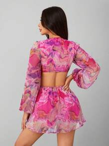 SHEIN PETITE 燈籠袖V領綁結開襠腰部花卉印花夏季沙灘女士雪紡紅色連體褲 - 粉色 - 查看 7