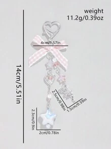 ROMWE Kawaii 1pc Sweet And Lovely Schoolgirl-Style Pink Plaid Woven Ribbon Bow Crystal Star Heart Pearl  Pendant Keychain Bag Charm, Suitable For Women And Students' Daily Decoration And Festival Gifts