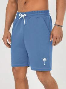 RueChic Men Coconut Tree Print Drawstring Waist Shorts - Blue - View 2