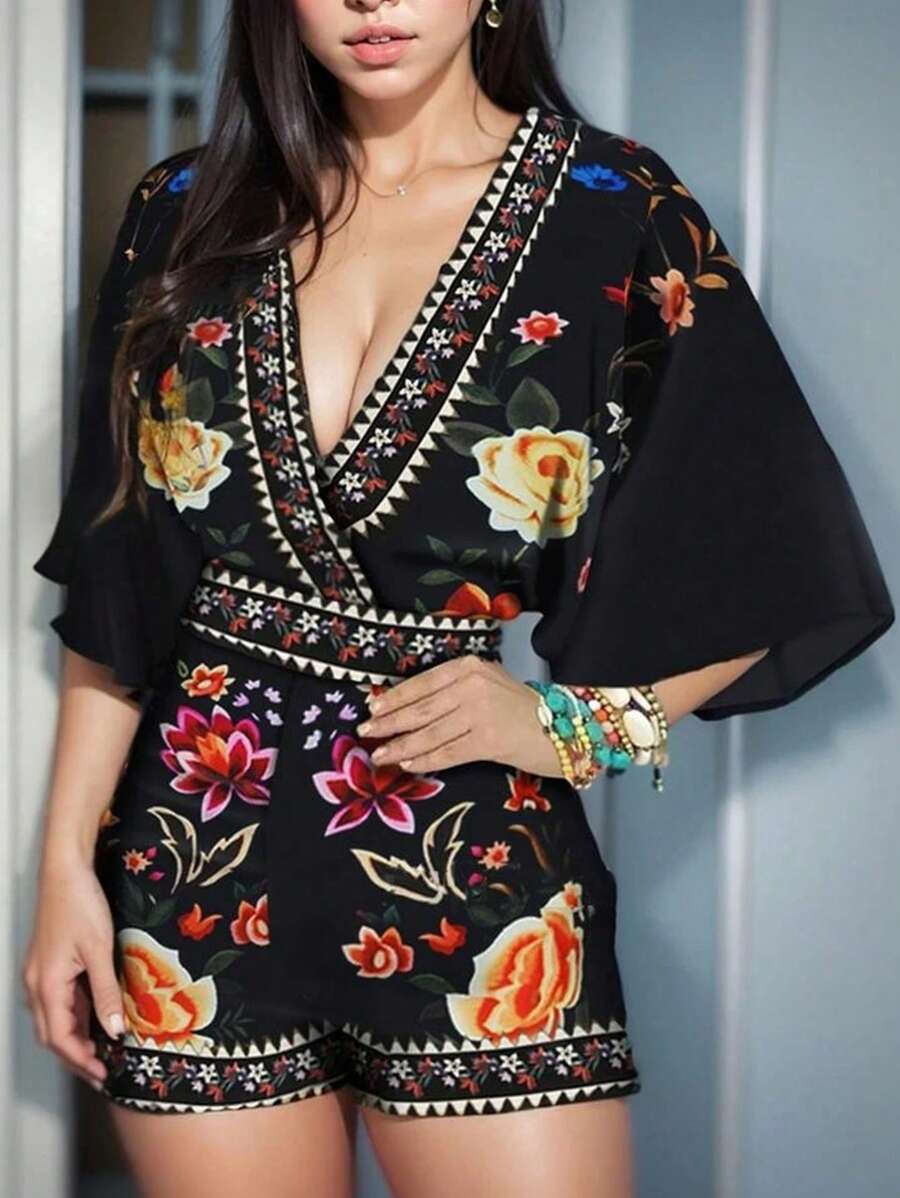 Breezaya Bộ áo liền quần thông thường có cổ chữ V in hoa cỡ lớn, kỳ nghỉ hè - màu đen - Xem 1