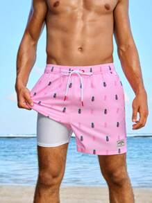 Manfinity Men's Pineapple Print Drawstring Waist Loose Fit Beach Shorts For Vacation