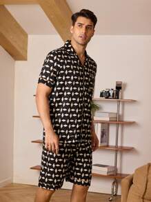 Men's Simple Printed Short Sleeve And Shorts Homewear Set - Black - View 4