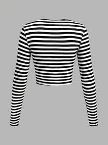 SHEIN EZwear 3 chiếc áo thun tay dài cổ tròn in họa tiết sọc, ngôi sao, quả anh đào đơn giản, giản dị dành cho nữ, phù hợp cho mùa thu/đông - Đen và trắng - Xem 10